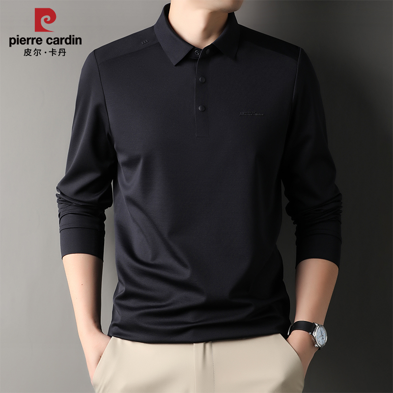 皮尔卡丹男士翻领Polo衫长袖t恤秋季纯色休闲商务高端打底衫