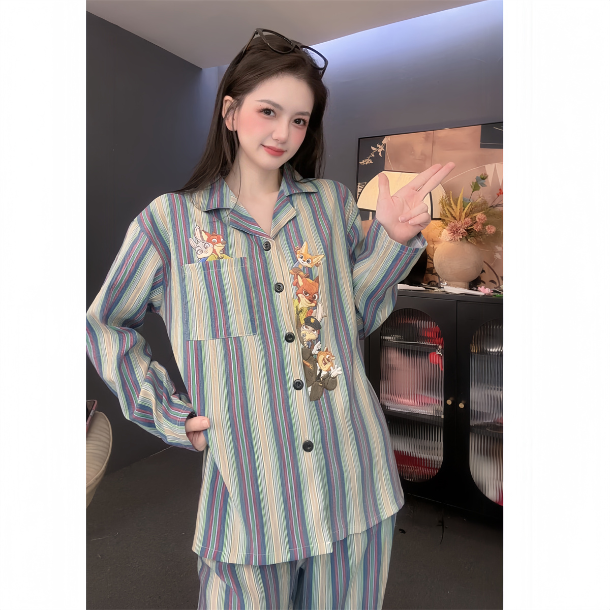 【动物城】卡通风翻领长袖长裤睡衣女春秋薄款可外穿家居服