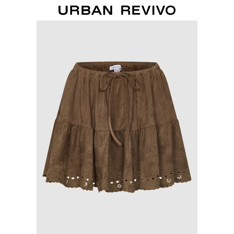 UR2026春季新款女琥珀流光风系带镂空刺绣超短半裙UYL560002