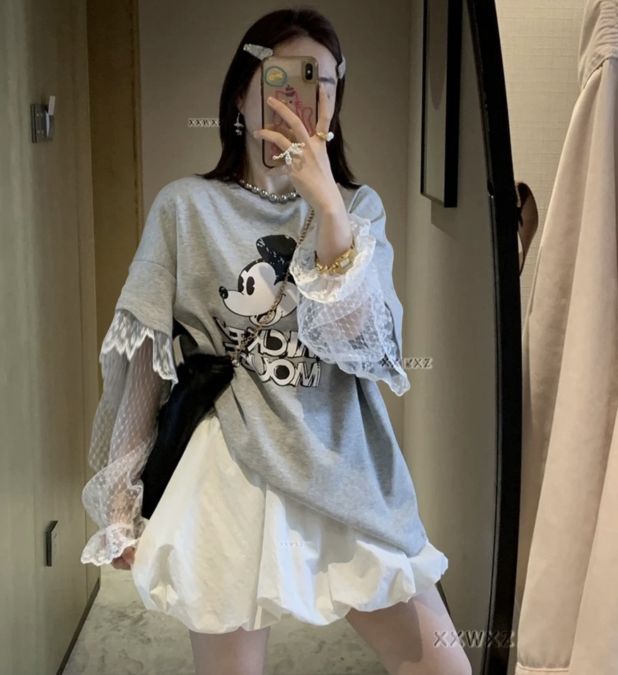 （少女灰米奇）新款卡通米奇蕾丝拼接假两件设计感圆领休闲T恤 C514