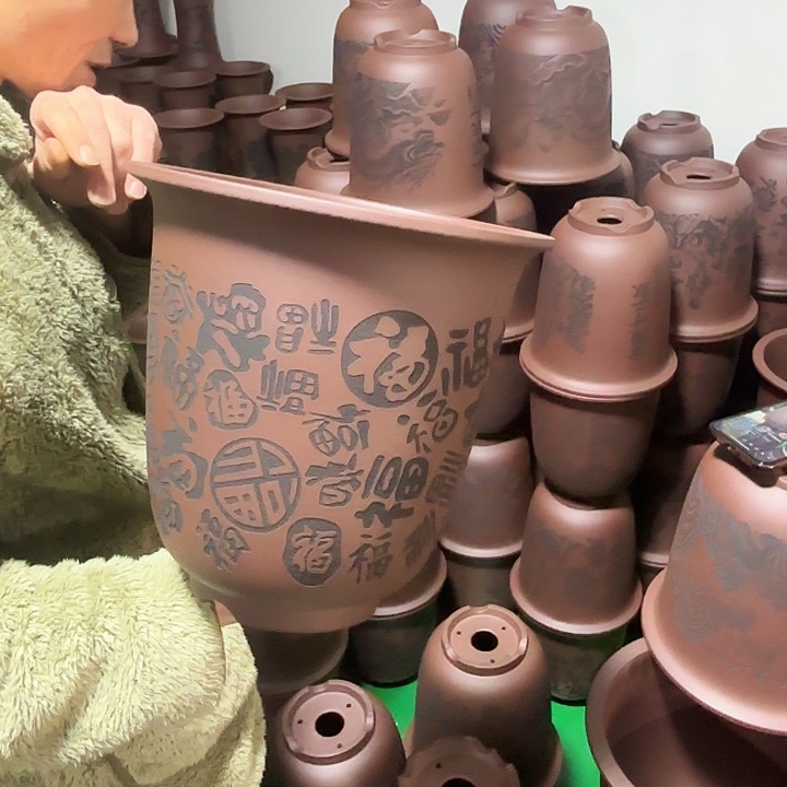 花盆紫砂百福刻绘