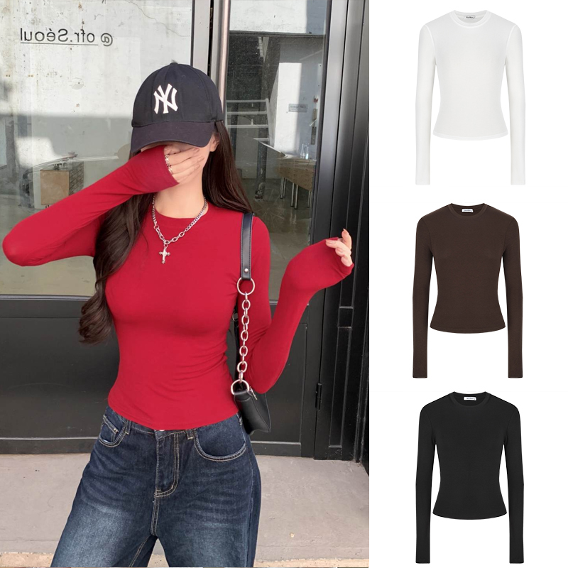 Moses Queen/魔西女王正肩掐腰T恤修身长袖女显瘦打底衫磨毛上衣