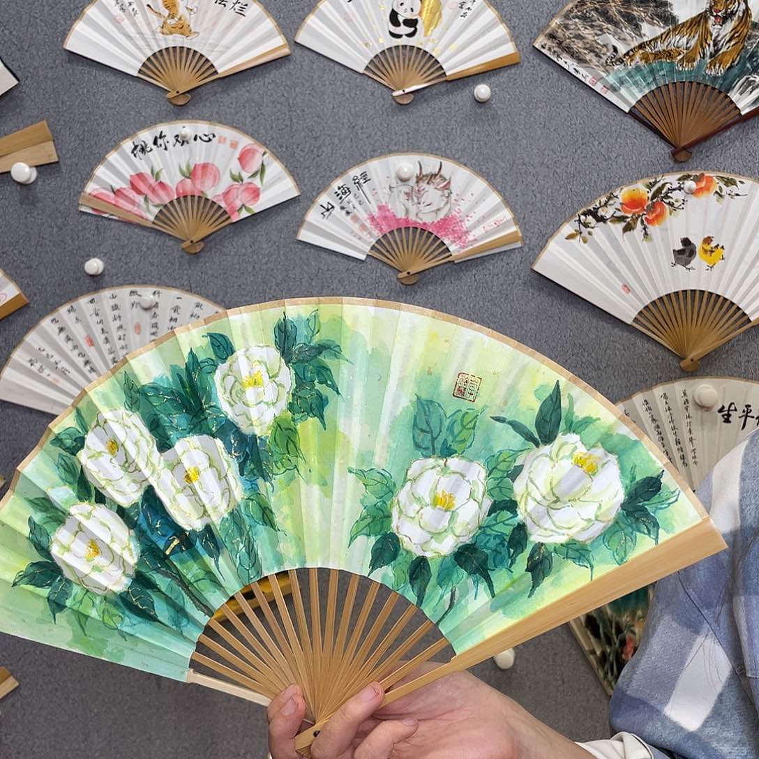 国画8寸玉竹-纯手绘-文玩扇骨（默认粘好）