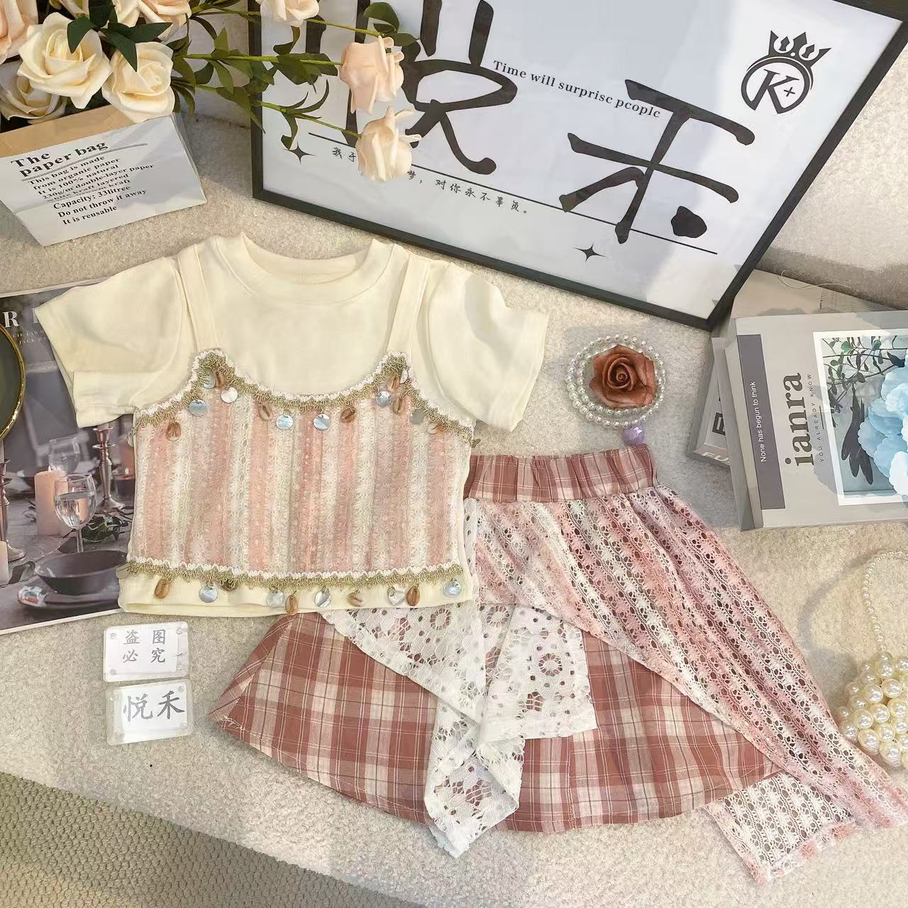 M儿童夏季碎花洋气套装短袖女童格子不规则时尚半身裙8804