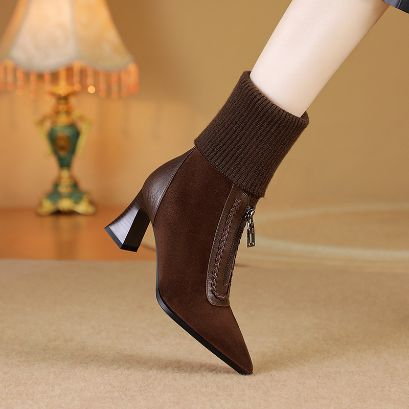 【肖】8909R冬季羊皮33/41复古方头气质针织毛线靴筒弹力袜靴羊猄皮
