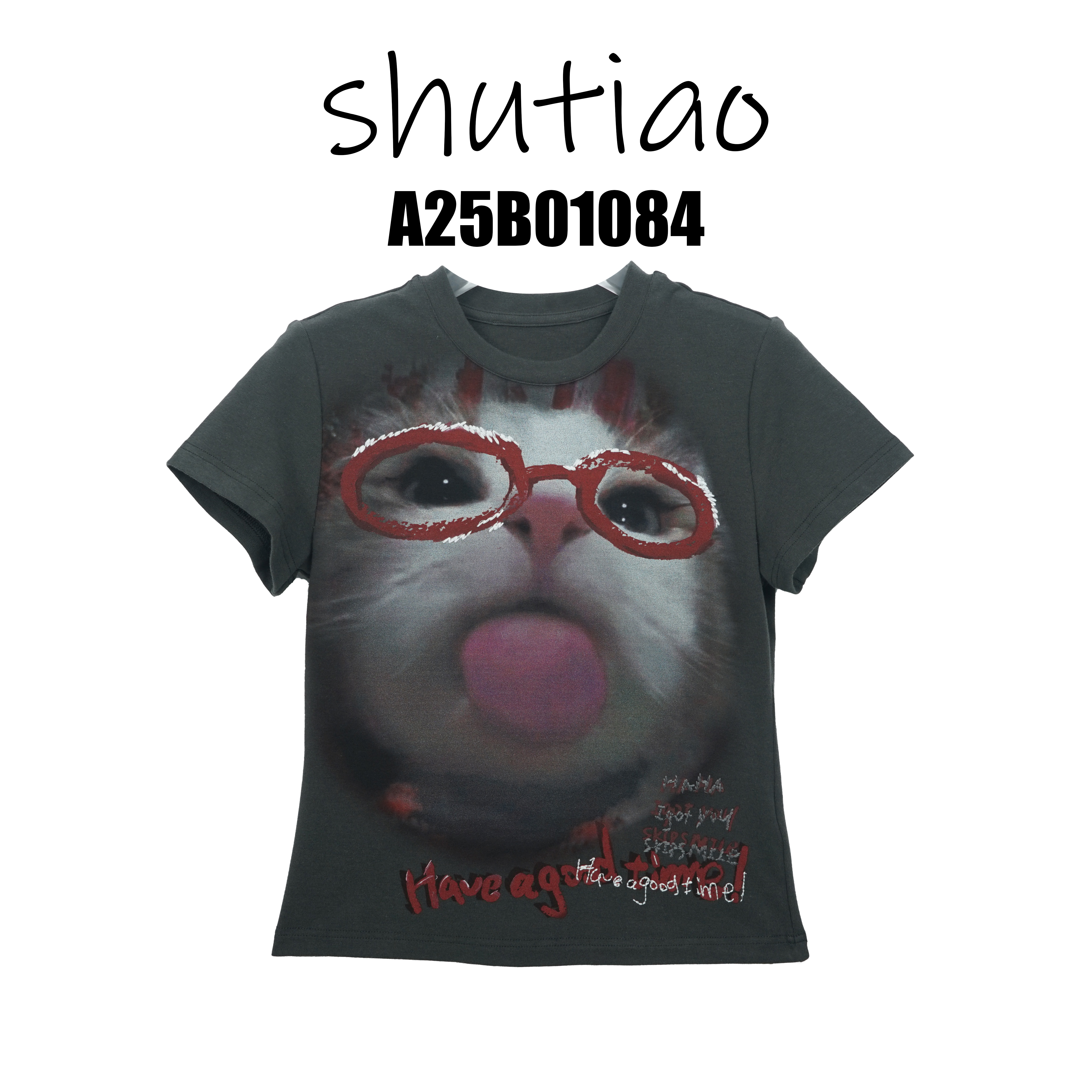 【SHUTIAO】2025夏季：新款小众设计款略略猫T恤A25B01084
