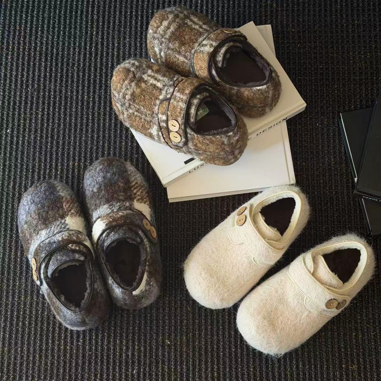 纽扣面包鞋保暖魔术贴毛毛勃肯单鞋女棉鞋冬季格纹毛呢勃肯鞋