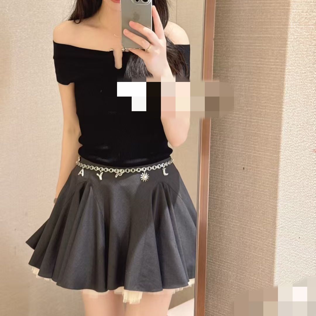 SZSALI 定制黑色针织露肩上衣百褶简约半裙套装需分开拍