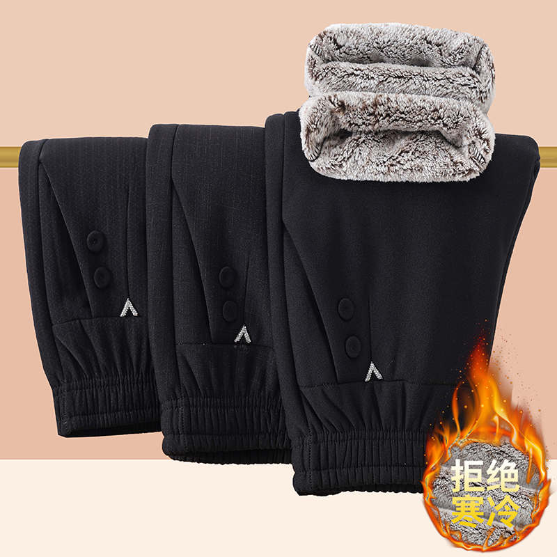 中老年妈妈加绒休闲裤女黑色保暖加厚宽松直筒长裤冬季棉裤悦