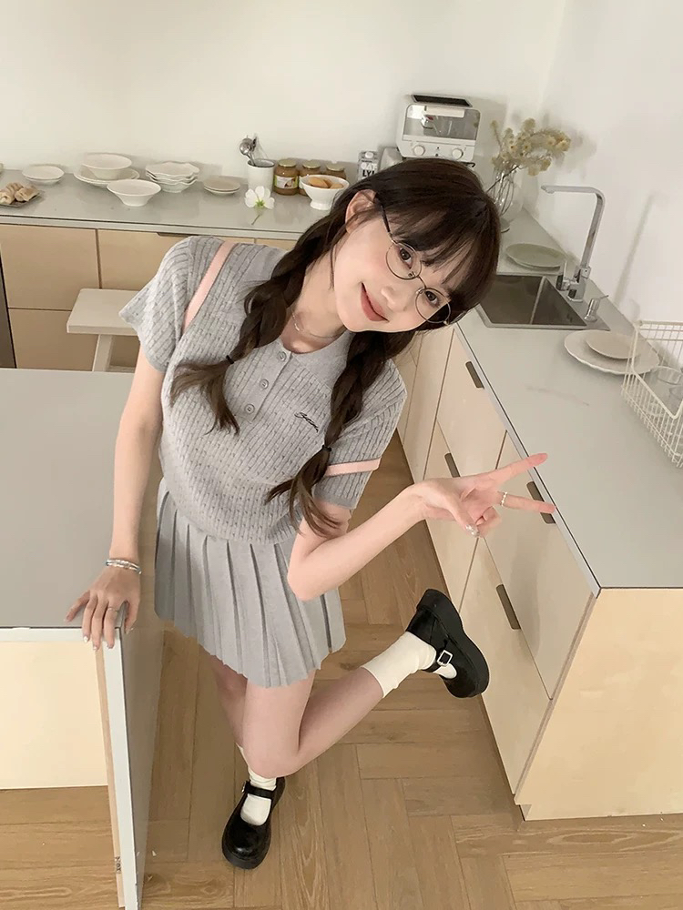 【dd】韩系女高 夏季新款学院风POLO领针织百褶裙套装