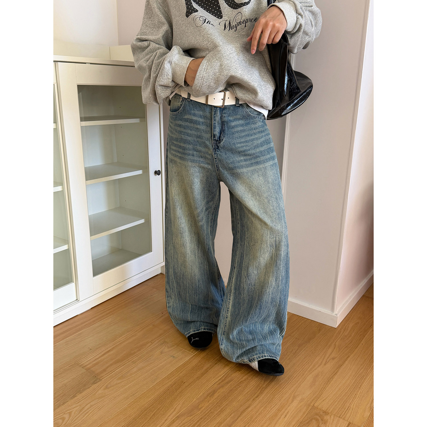 19studio WAYNEPRINCE美式复古纹路牛仔裤新款中腰简约休闲阔腿裤