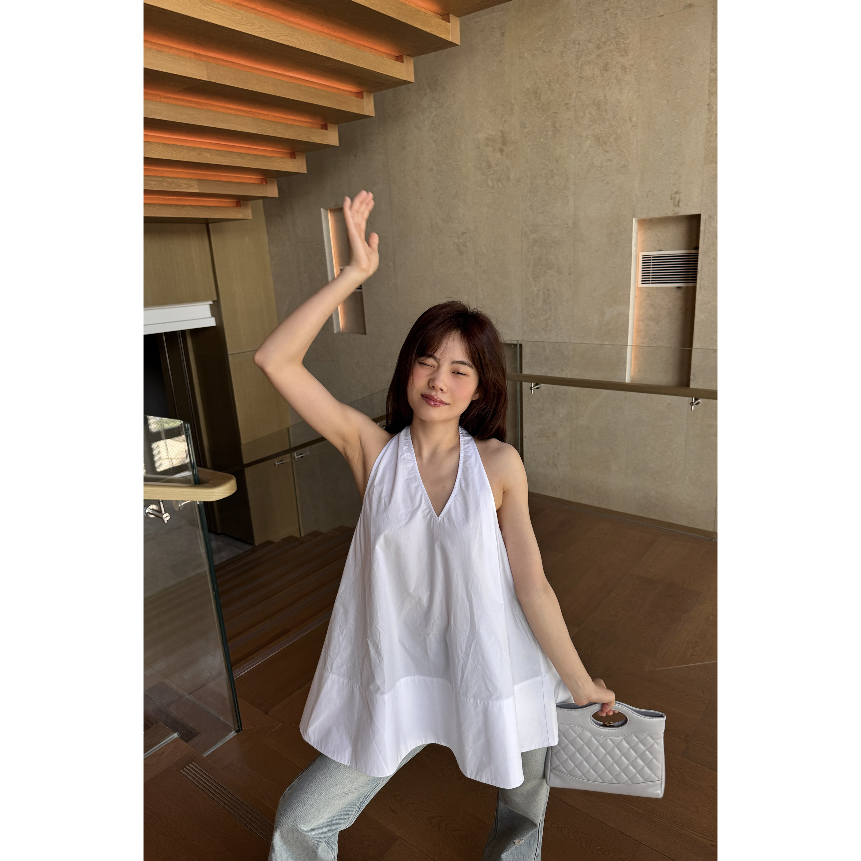 井迪儿【倾慕】100%棉夏季简约垂感净版宽松A字型背心V领上衣