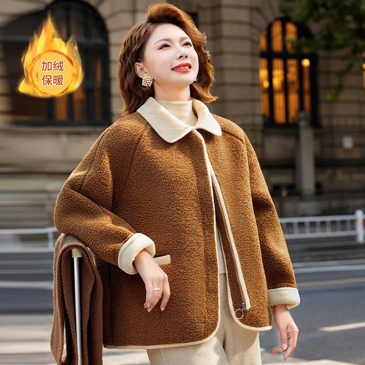 秋冬新款中老年女装中老年女羊羔绒外套加厚外套秋冬冬季冬装