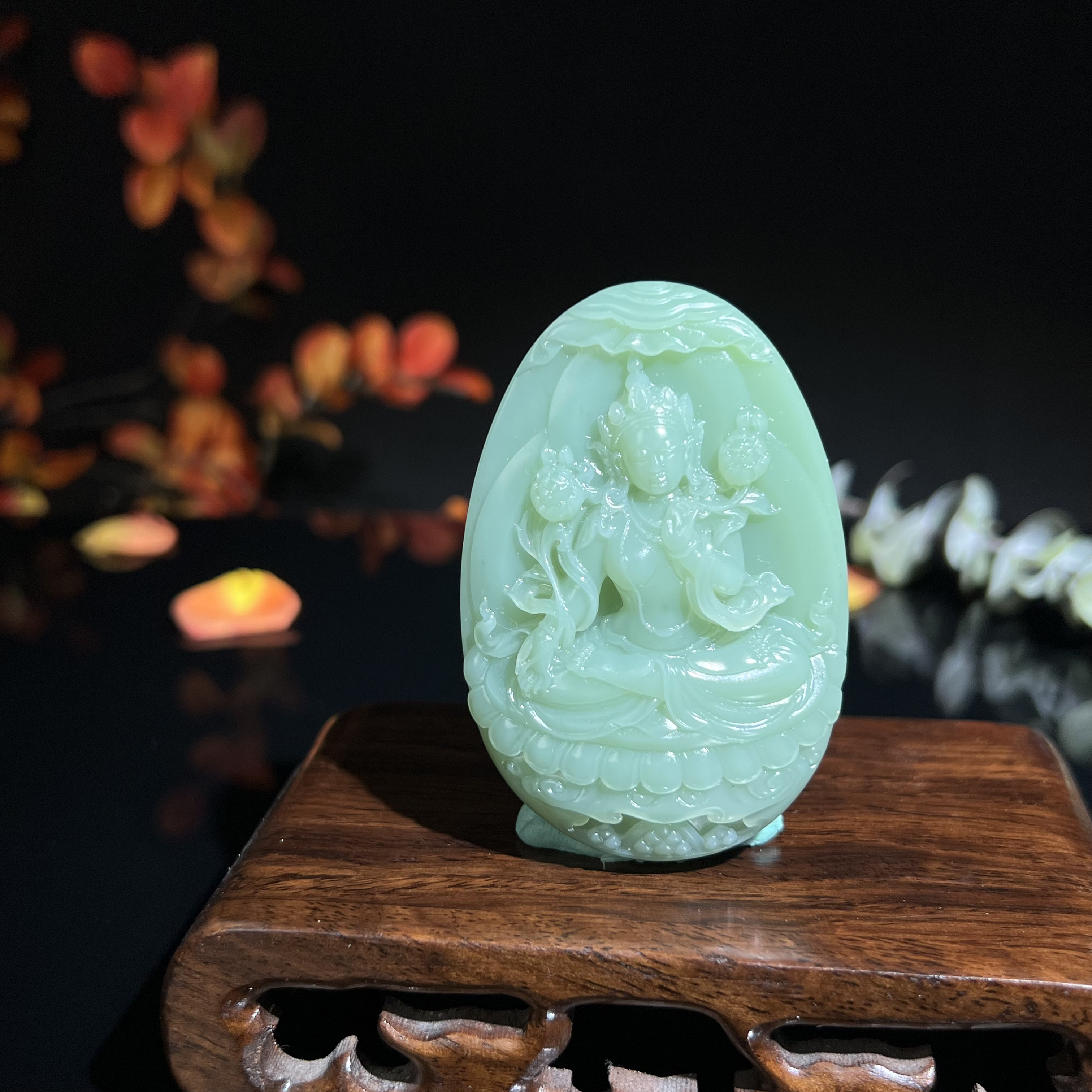 盛石「慈润」和田玉碧玉粉青绿渡母精雕67g 雕刻绿色手工双面大气