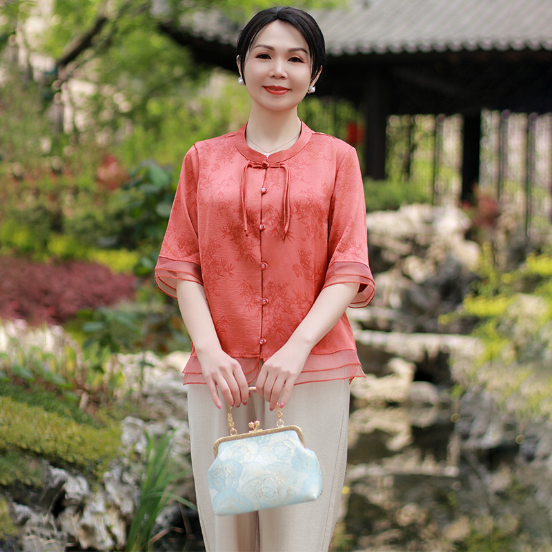 雪中飞中年妈妈夏装女国风套装夏季雪纺短袖衬衫印花上衣两件套F