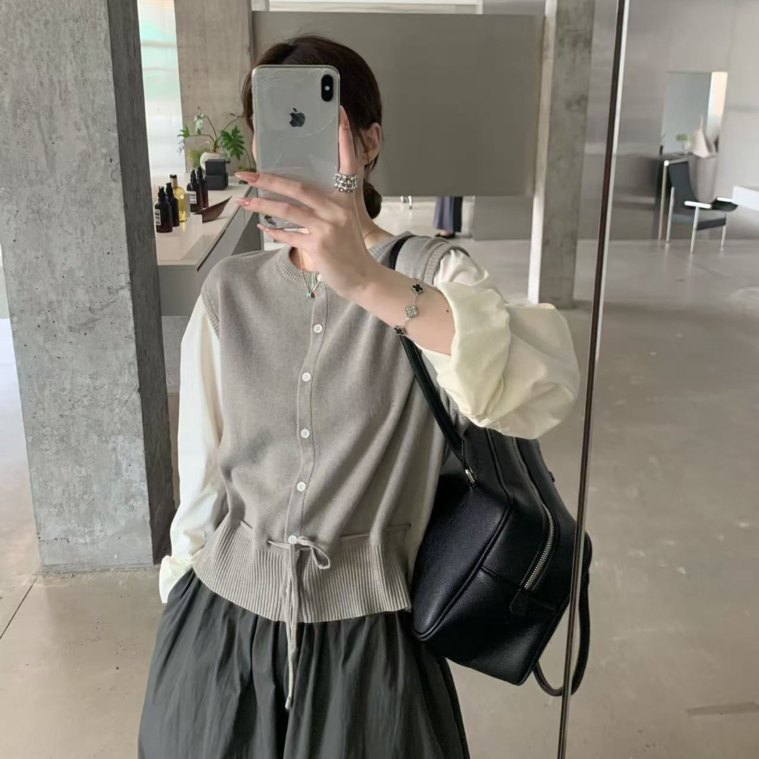 U粒@0808 韩系百搭假两件圆领衬衫（衣长57）
