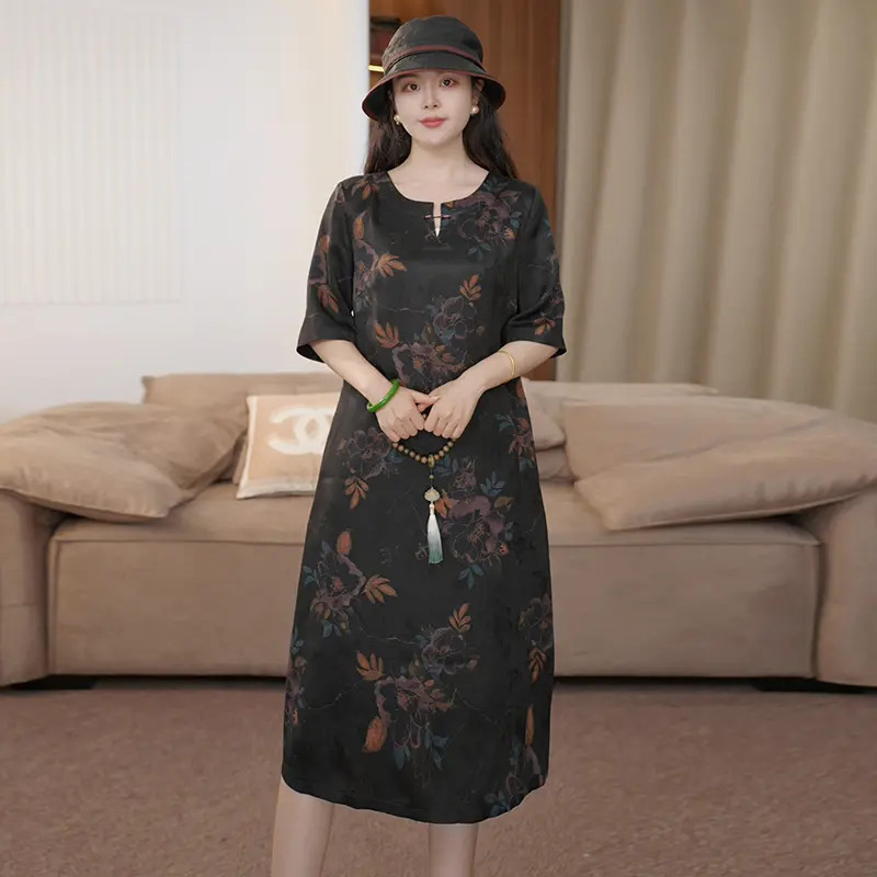 2025夏季时尚浪漫大牌杭州香云纱真丝连衣裙女气质妈妈桑蚕丝裙子