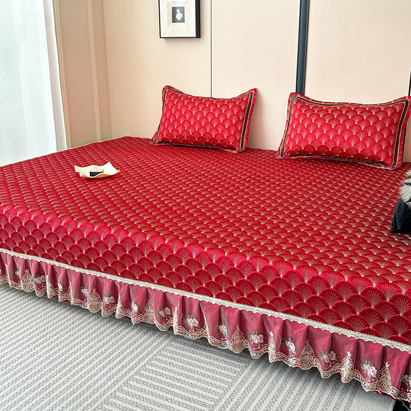 红色高端婚庆结婚农村大炕上专用床盖雪尼尔榻榻米床单防滑定制3m