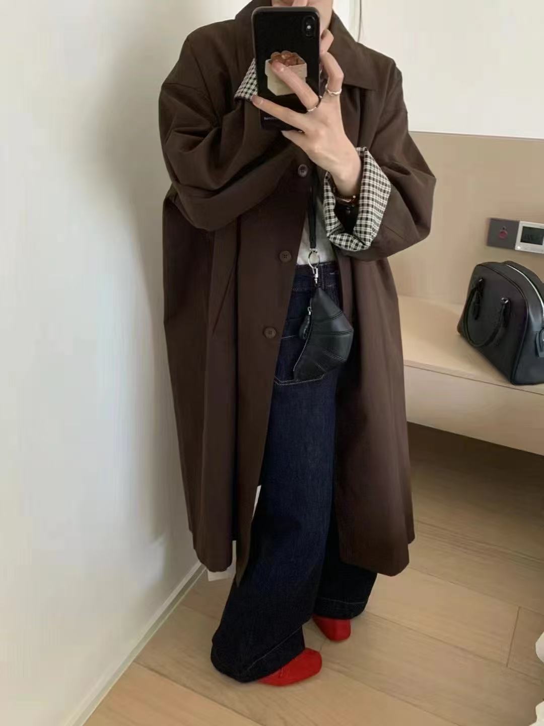 法式宽松型长袖修身型长款风衣网红咖色复古休闲