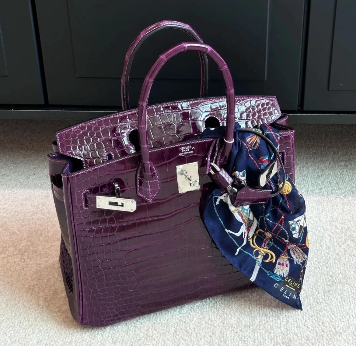 99新 Hermes/爱马仕 birkin35 9G紫水晶 亮面倒V鳄  框O刻