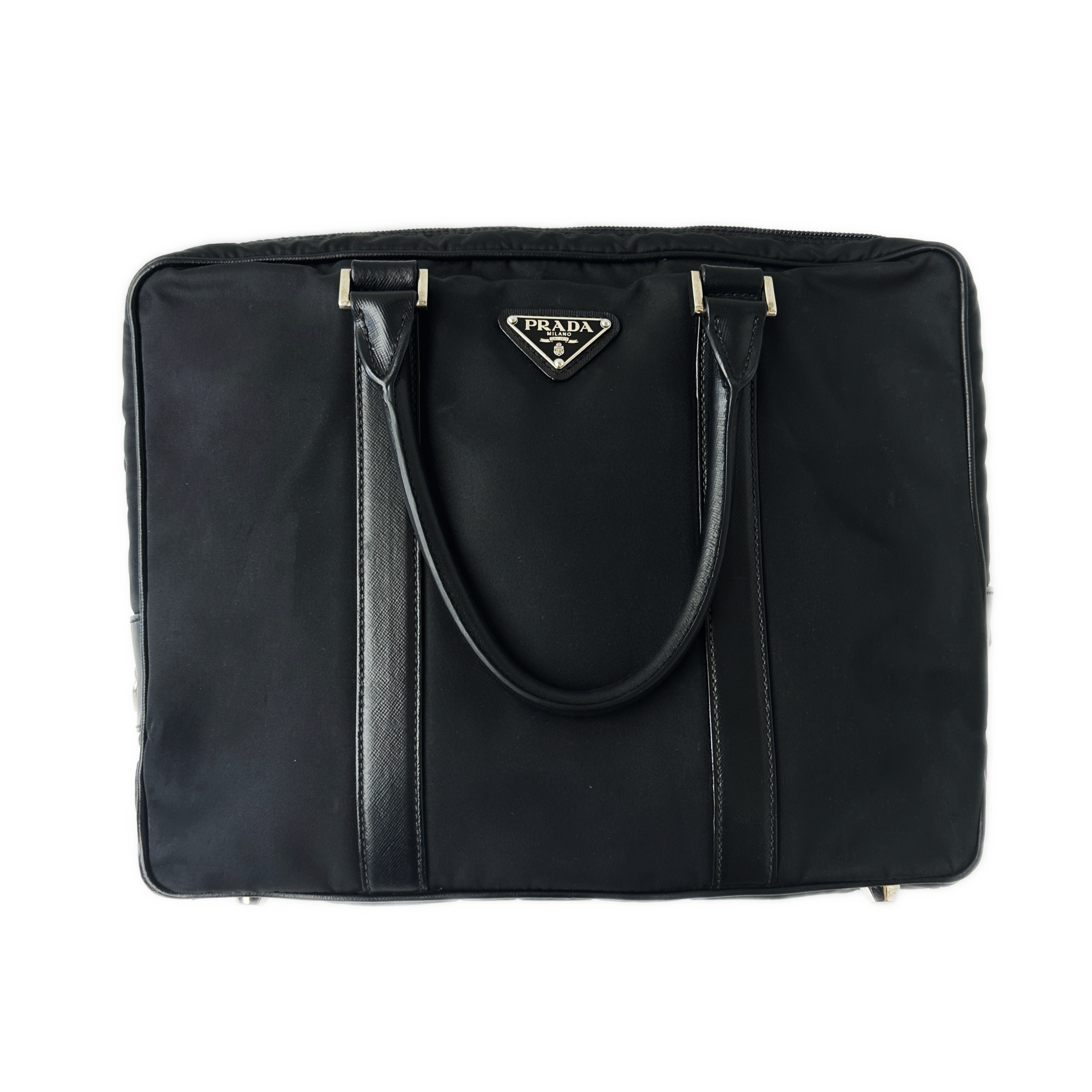 95新 Prada/普拉达 经典尼龙三角金属logo手提公文包 黑色