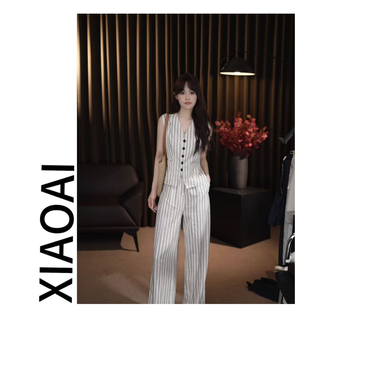 【XIAOAI】F081初夏新款2025高级气质显瘦条纹马甲+直筒裤套装女
