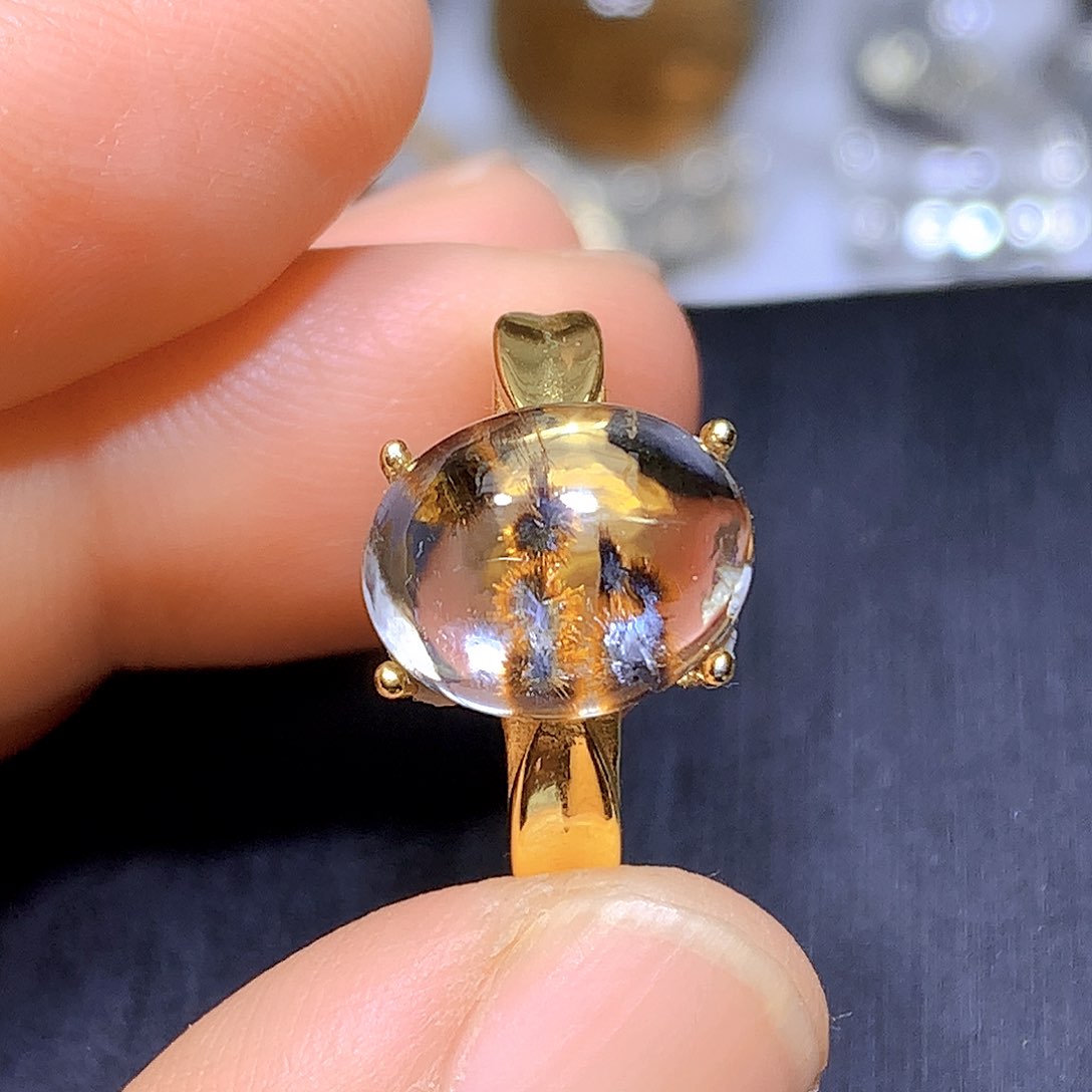 水晶戒指银S925镀金镶嵌天然水晶