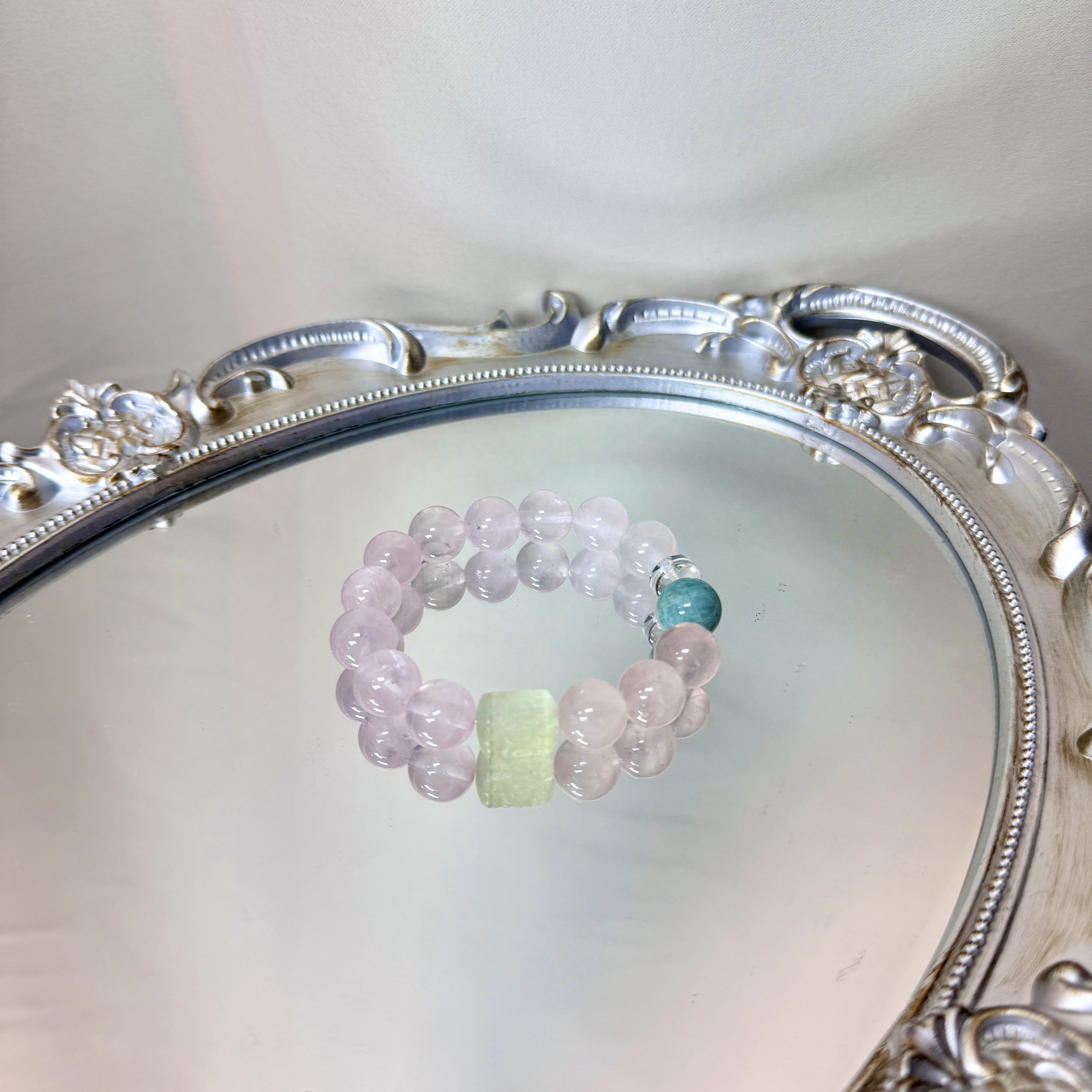 天然水晶西柚粉x萤石x天河石 12mm