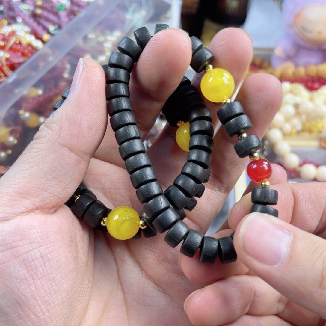 檀香紫檀（小叶紫檀）手串银S925镀金镶嵌