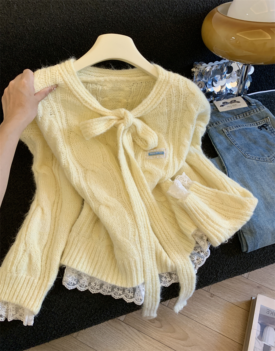 韩系甜美飘带针织毛针织衫秋冬荷叶领蝴蝶结针织衫宽松毛衣网红潮