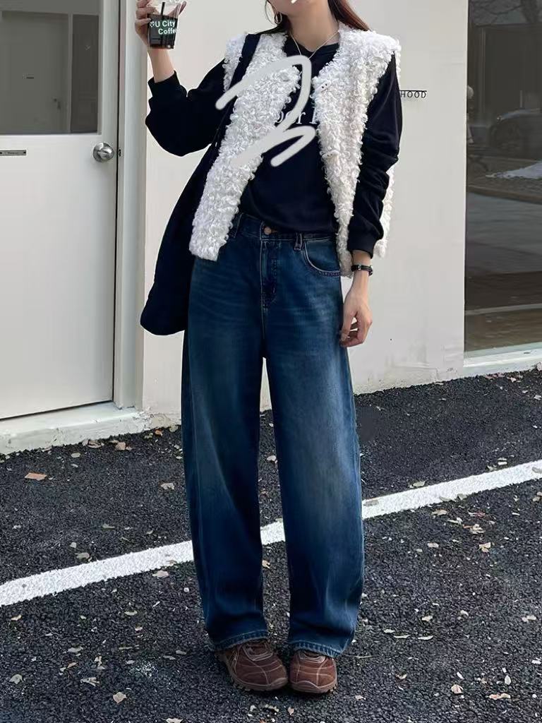 SU【935】代85 愫雪  女25年冬新款蓝色高腰特绒无弹十分弯刀裤