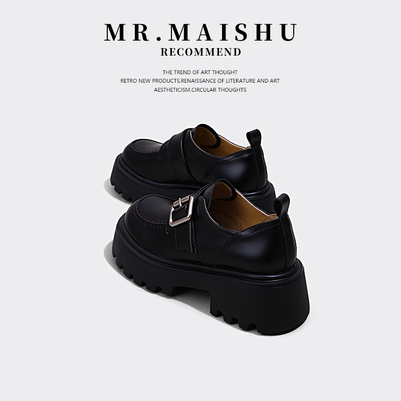 MR.MAISHU~头层牛皮乐福鞋女春夏黑色真皮单鞋粗跟增高厚底小皮鞋