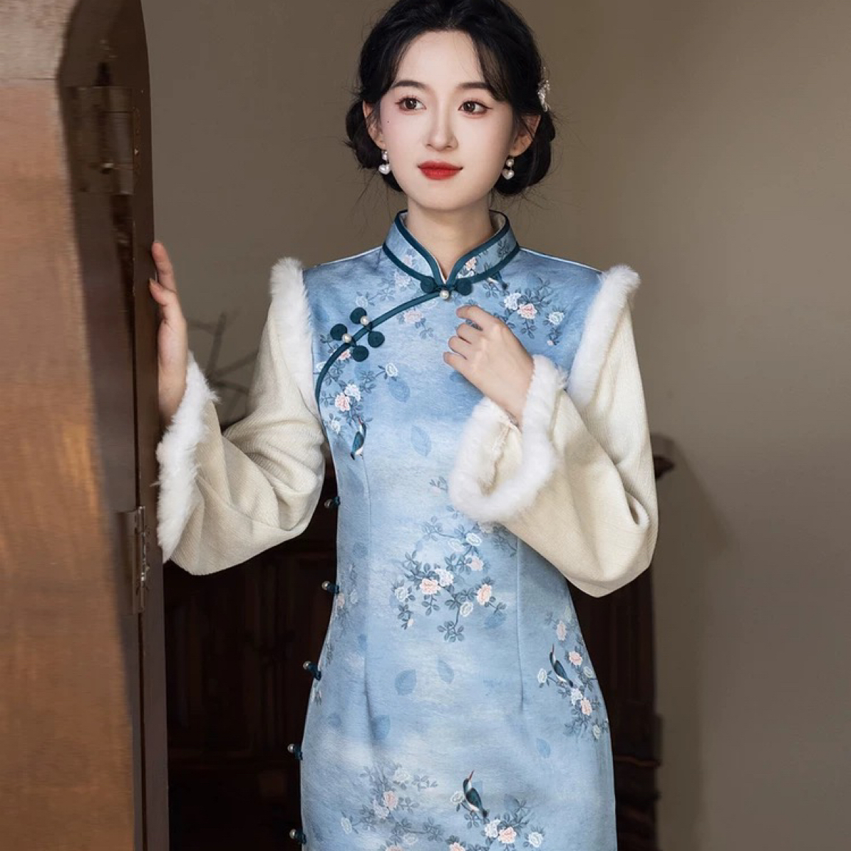 【2946 蓝风铃 加绒加厚 】显瘦气质修身优雅复古中国风旗袍