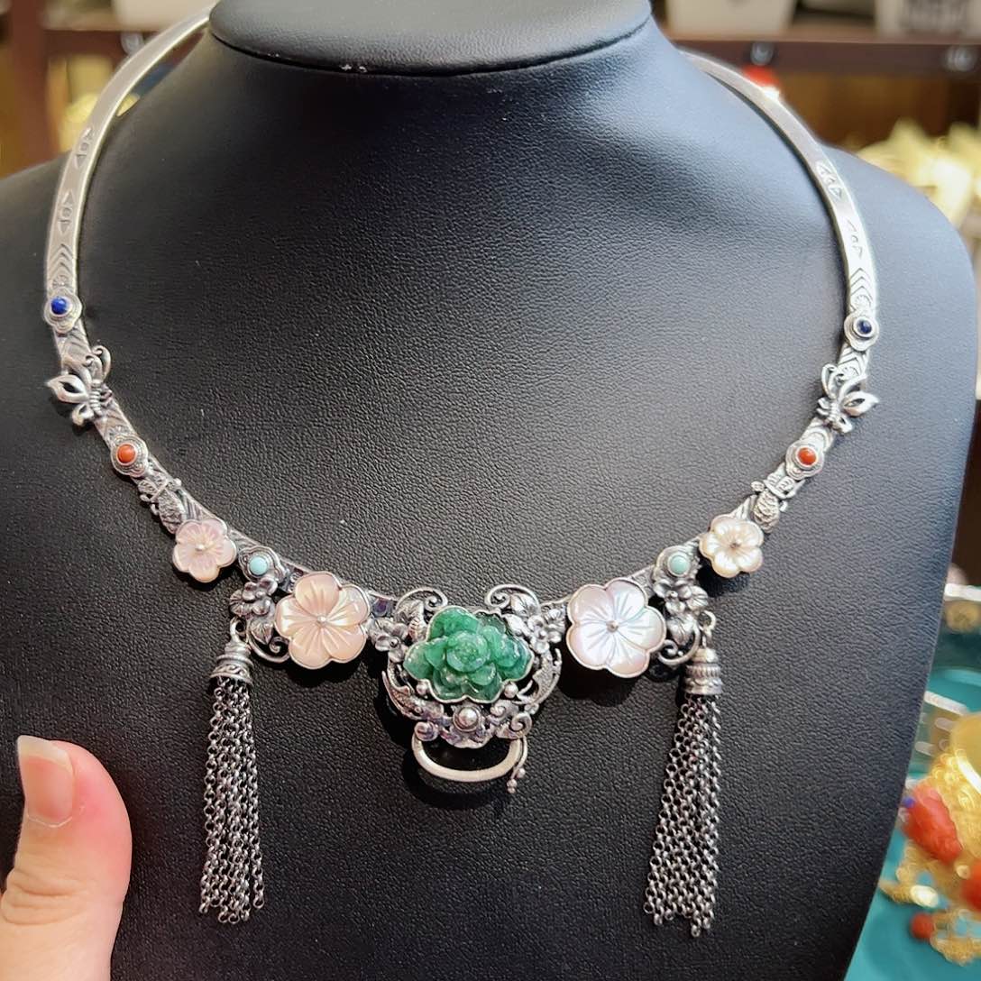 翡翠项圈银S925镶嵌古风