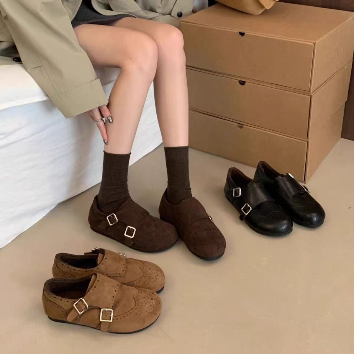 【有运费险】布洛克雕花兔毛双扣件冬季保暖增高勃肯小皮鞋
