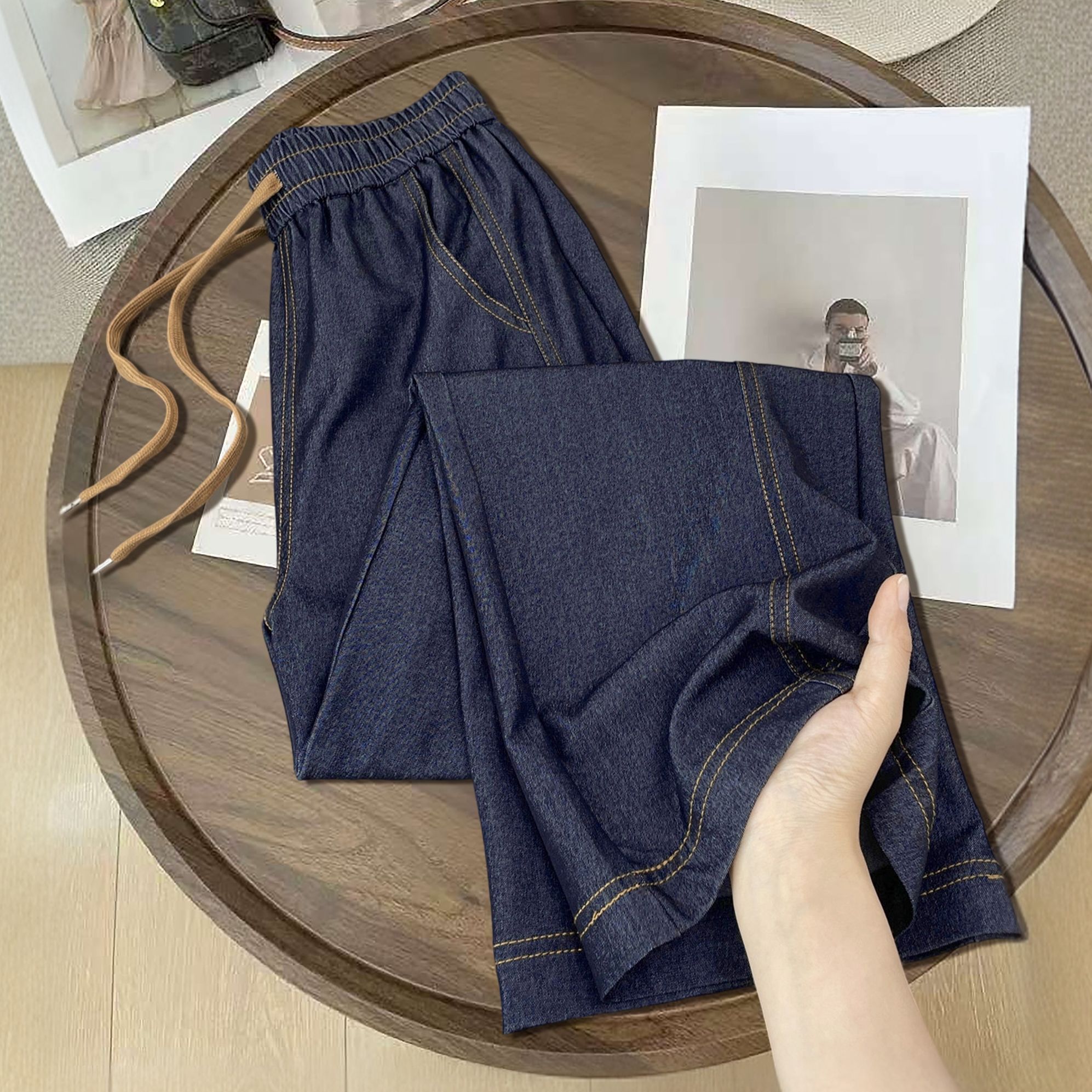 天丝牛仔阔腿裤女夏季薄款高腰宽松冰丝女裤子夏天垂感窄版直筒裤