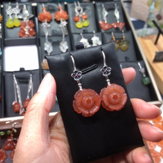 蛇纹石玉耳饰银S925镶嵌