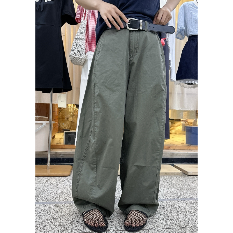 夏季新款纸片裤弯刀裤军绿色女长裤宽松休闲工装阔腿牛仔拖地裤