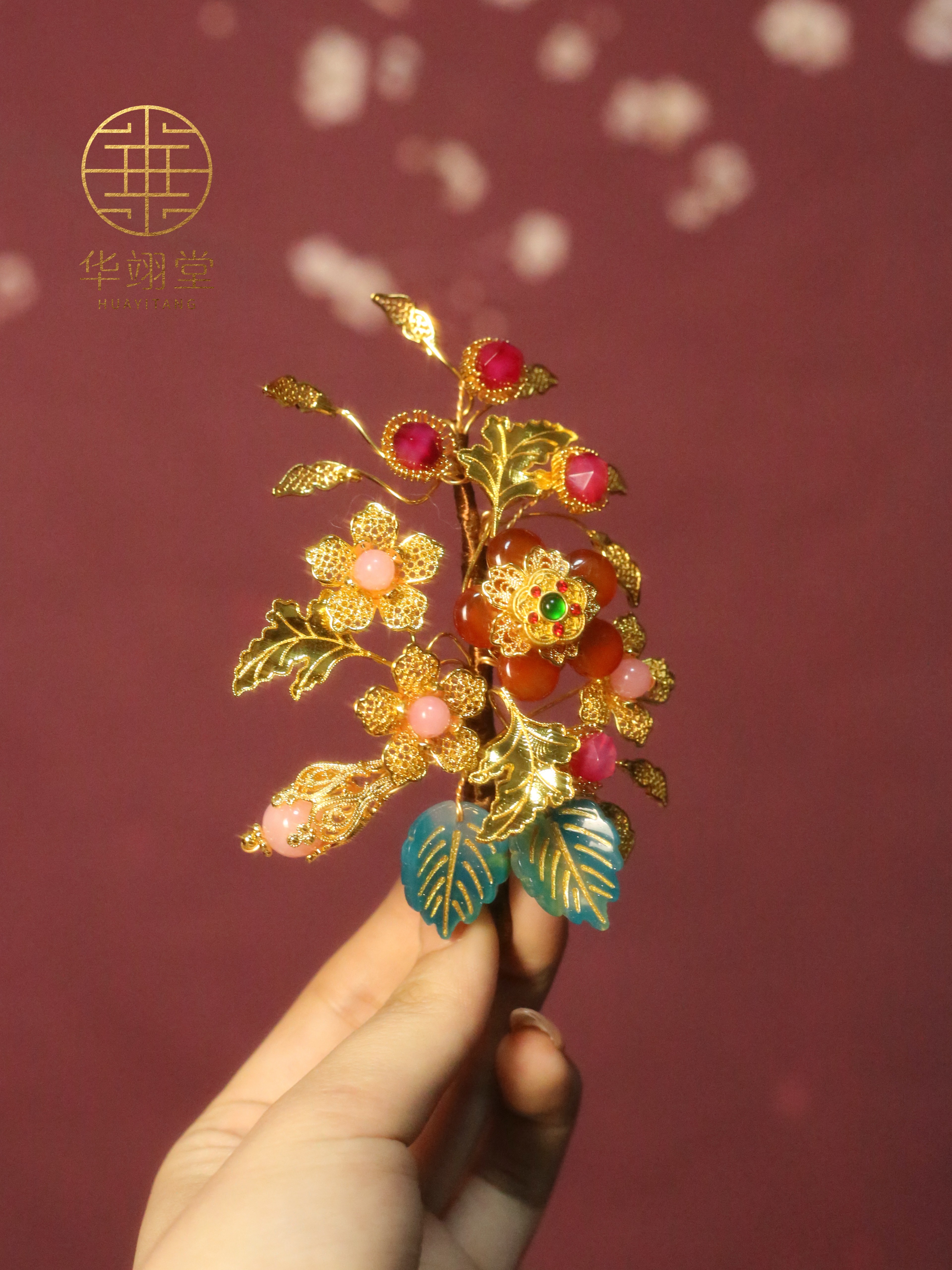 华翊堂原创设计铜镀金仿花丝錾刻宝石金枝多宝软簪