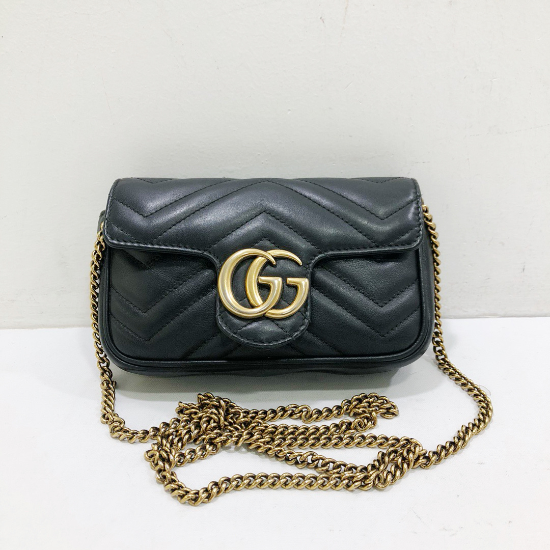 95新 GUCCI/古驰 古驰全皮黑金mini马尔蒙链条单肩斜挎包