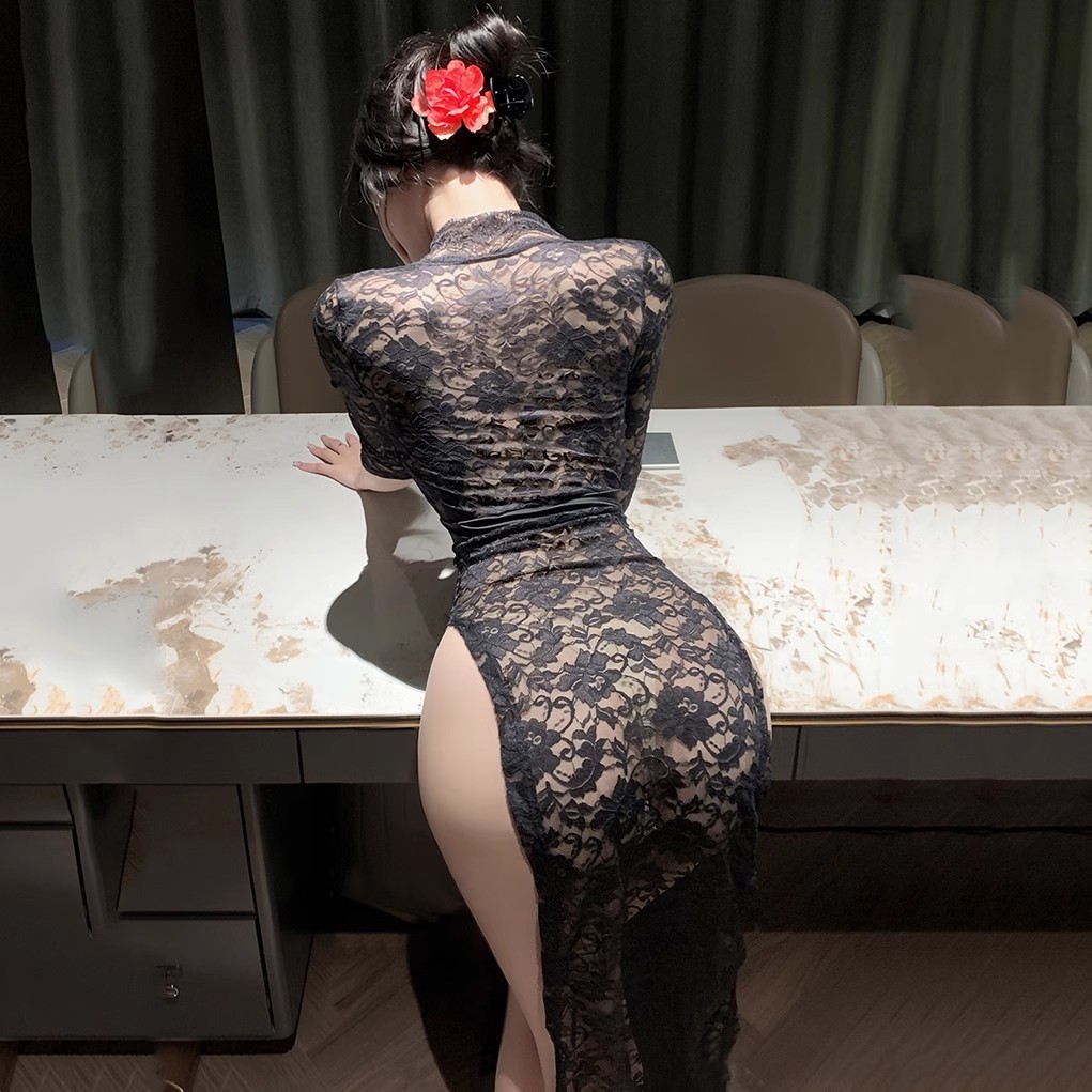 (御魂)夏季超薄透视蕾丝大码睡裙一拉开御姐装性感镂空长袖睡袍