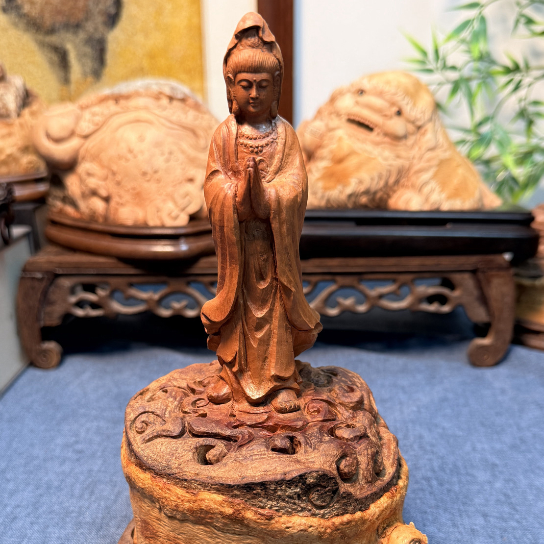 荔枝木香炉雕刻观音，纯手工雕刻手工艺木木雕香薰炉摆件工艺品