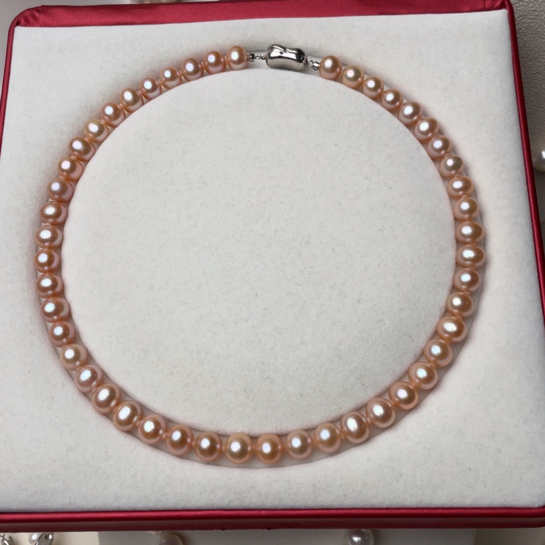 颈饰银S925镶嵌淡水珍珠9-10mm近圆极强光无暇中国红