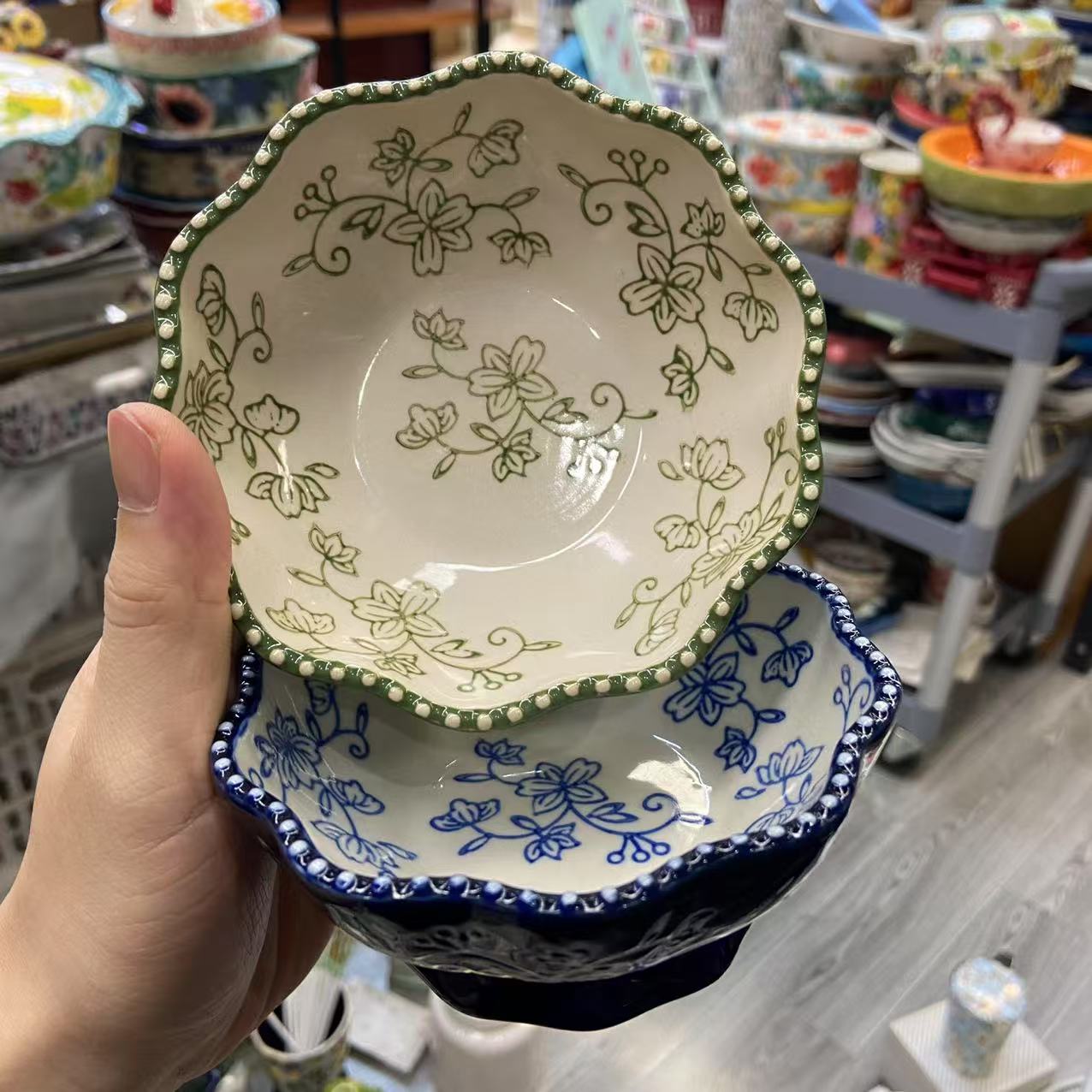 隔离勾滕-5寸高脚花型碗(绿加蓝)2个装