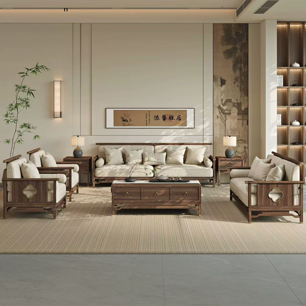 2025新款小户型直排沙发北美黑胡桃木客厅高端真皮新中式实木家具