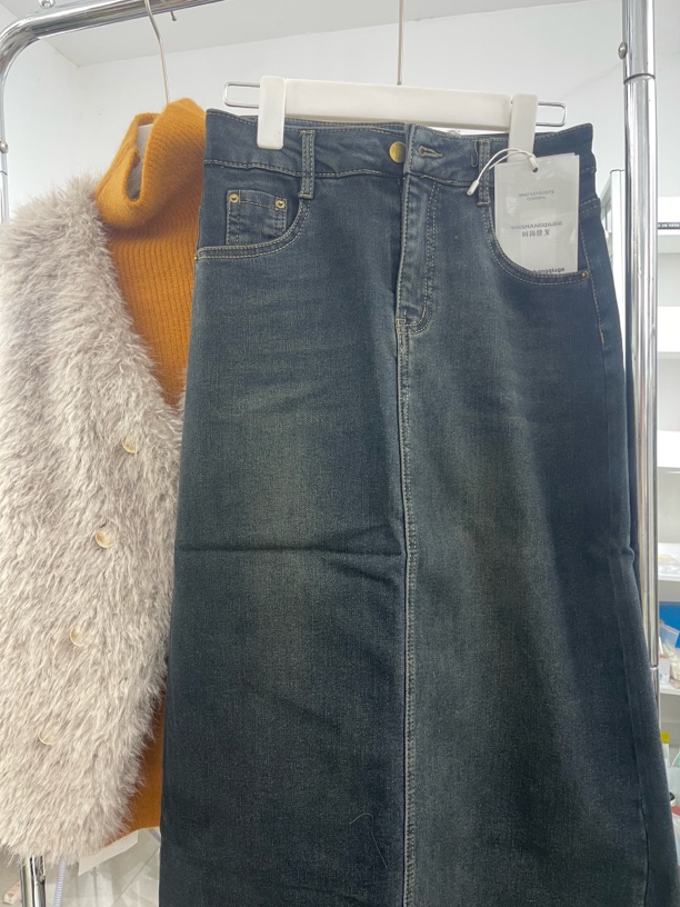 复古牛仔半身裙高腰显瘦中长款A字裙开叉设计