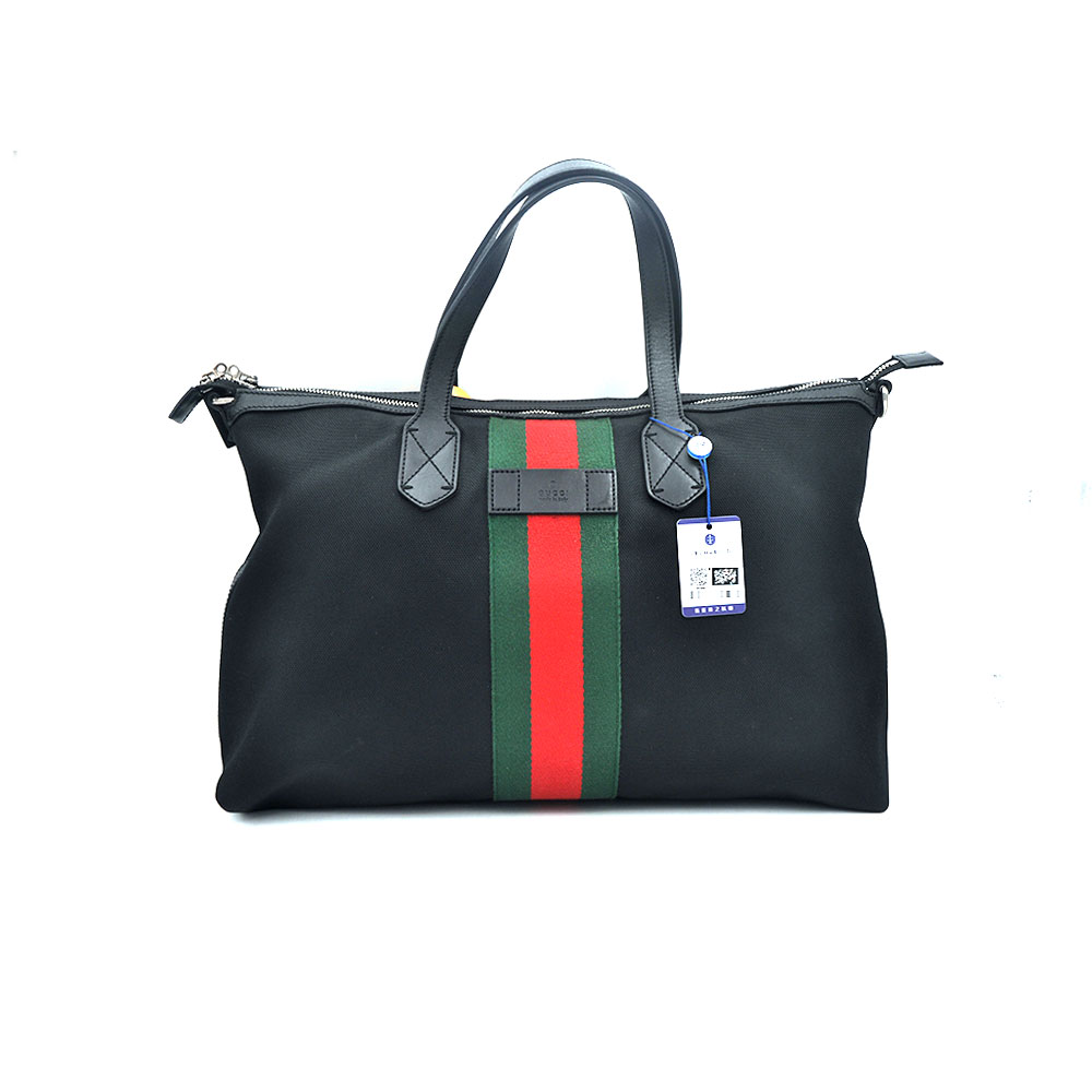 95新 GUCCI/古驰 97新黑色科技布拼红绿织带行李袋43*28/72675