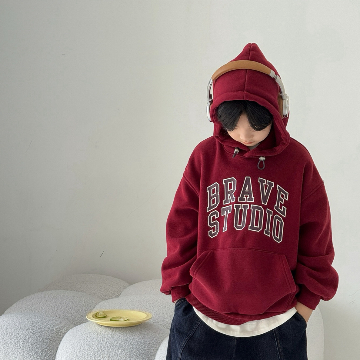 百搭男女童套头加厚字母加绒休闲年款红色连帽卫衣厚款本命年红色