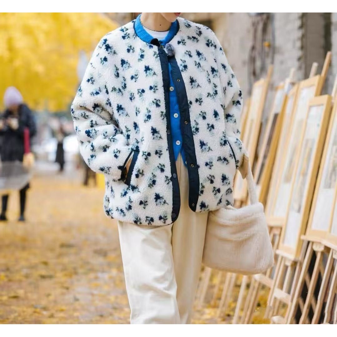 【姜妍同款&碎花拼接毛绒外套】清新碎花拼接毛绒质感外套329