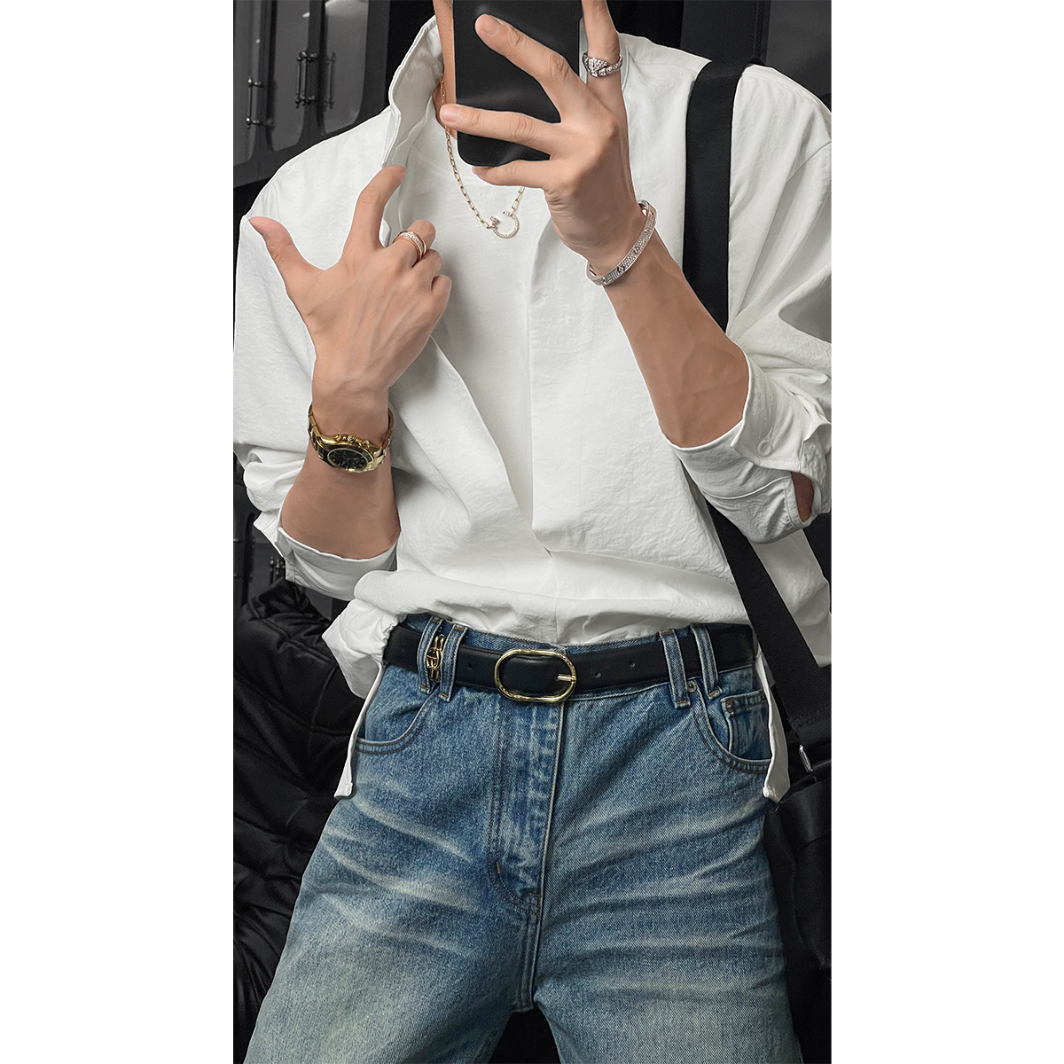 龙叨叨夏季新款潮流双层假两件设计小众圆领T恤百搭宽松长袖衬衫